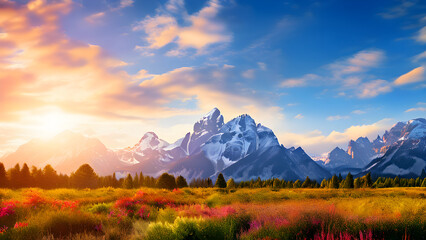 Fototapeta premium Beautiful wild sunrise view cloudy sky and mountains wallpaper