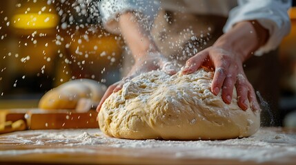 Sprinkling flour on dough, hands kneading