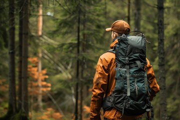 Obraz premium A hunter carrying a backpack filled with essential gear, standing at the entrance of a forest
