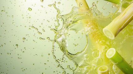 Sugarcane Juice Splash in Circular Swirl with Floating Sticks on Pale Green Background