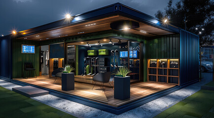 A chic golf club rental shop within a shipping container, featuring modern design elements, green and navy colors. Generative AI.