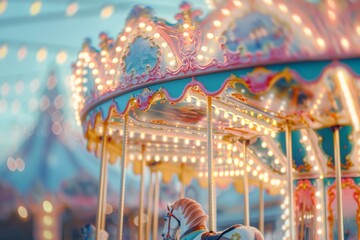 A vibrant carousel with pastel colors and glowing lights at an amusement park, captured in a...