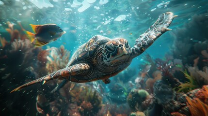 Obraz premium Underwater Sea Creatures Fish and Turtle 