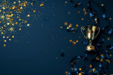 A gold trophy cup rests on a navy blue background, surrounded by scattered gold star confetti and blue ribbons