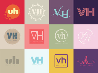 VH logo company template. Letter v and h logotype. Set different classic serif lettering and modern bold text with design elements. Initial font typography.