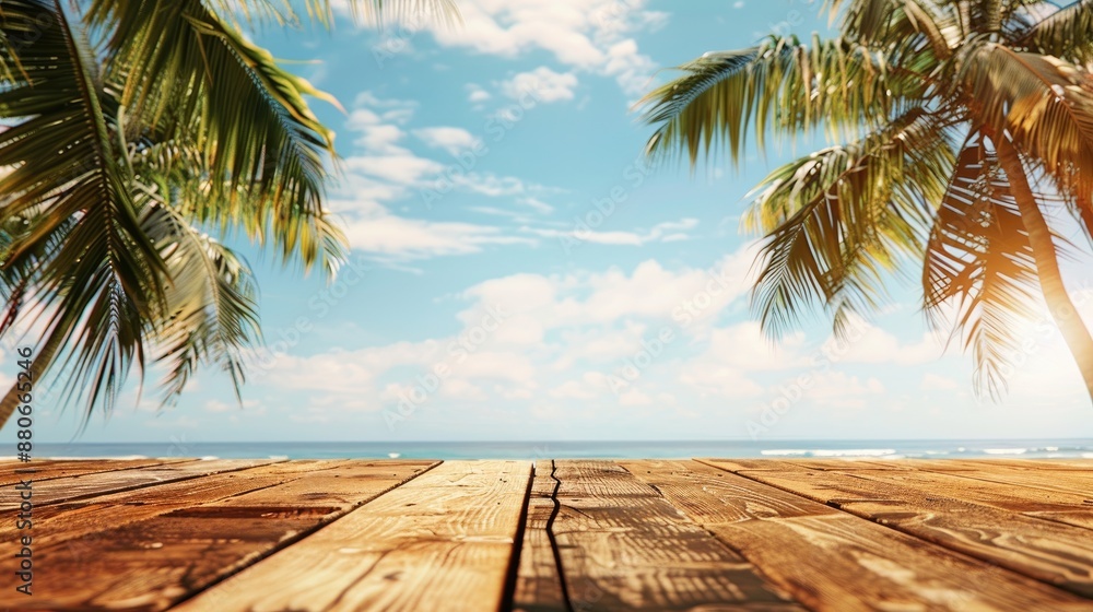 Aufkleber 2022 coconut palm trees seaside background with wooden table top and space for text