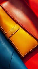 A colorful purse with a yellow strap is displayed on a red background