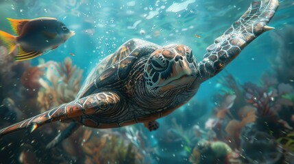Obraz premium Underwater Sea Creatures Fish and Turtle 