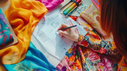 Entrepreneurs sketching designs for new fashion brand, vibrant fabrics and sketches on the table. Fashion Artistry, Creative concept.