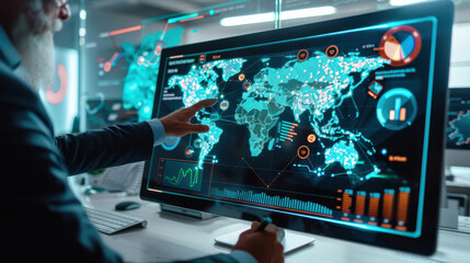 Business professional analyzing global data on digital touchscreen interface with futuristic technology in a modern office setting.