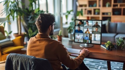 Businessman work at home and virtual video conference meeting with colleagues business people, online working, video call due to social distancing at home office.