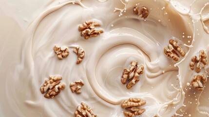 Fototapeta premium Walnut Milk Splash Swirl with Floating Pieces on Taupe Background
