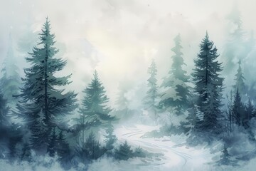 Obraz premium Wild Winter Woods: Watercolour Landscape with Hidden Path