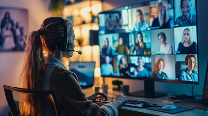 Female employee talking on video call with colleagues. Working from home concept.