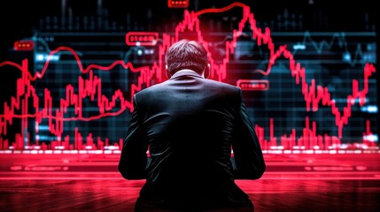 Businessman analyzing stock market trends on a digital screen. Financial graphs and data visualization in a dark room with red lighting.
