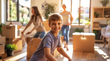 Family moving into new home with cardboard boxes. Excited child and parents unpacking and decorating. Relocation and new beginnings concept.