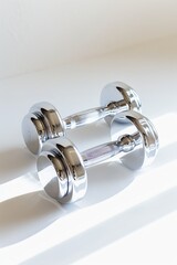 A pair of shiny metal dumbbells resting on a white surface. The dumbbells are reflecting the light from a window. The image is clean and well-lit.