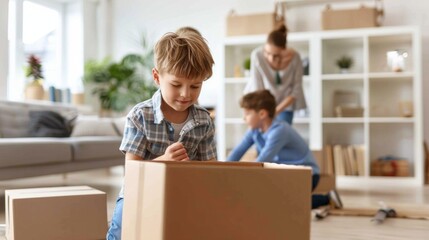 Family moving into new home with cardboard boxes. Excited child and parents unpacking and decorating. Relocation and new beginnings concept.