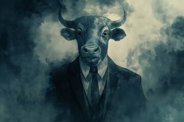 Business bull painting in suit showing surreal concept of animal in formal attire representing anthropomorphism and business idea