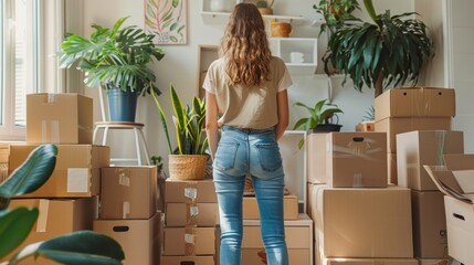 Young Woman with cardboard boxes process of unpacking and setting up a stylish living space.