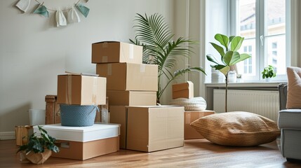 A new beginning captured in a living room filled with cardboard boxes, ready for unpacking.