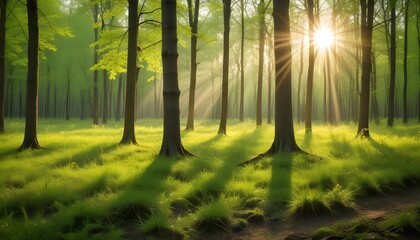 Fototapeta premium Beautiful spring forest with sun rays background