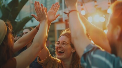 Startup team celebrating an achievement at the office with a high-five.