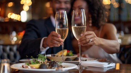 Couple toasting with champagne at an upscale restaurant.