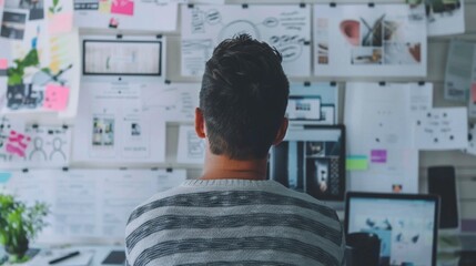 Young entrepreneur brainstorming ideas on a whiteboard, creative and focused.