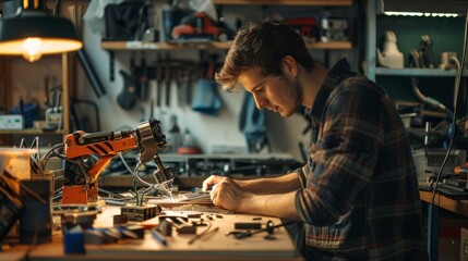 Young man working on a prototype in a small workshop, tools and materials scattered.