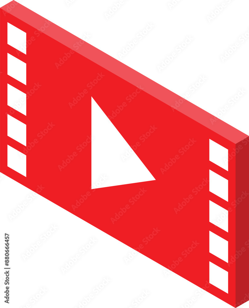Poster red movie player button showing playing video content, isolated on a white background