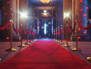 luxurious red carpet stretching towards grand illuminated entrance velvet ropes and gold stanchions lining the path paparazzi camera flashes creating a dazzling atmosphere