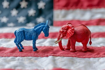 A blue donkey and a red elephant figurine face each other on an American flag, symbolizing the two major political parties in the United States