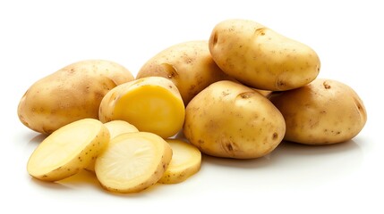 A pile of russet potatoes on a white background. Some of the potatoes are whole, while others are cut into wedges.