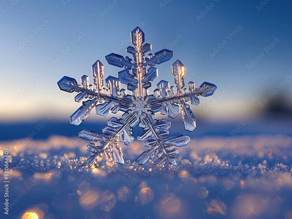 Poster macro photograph of intricate snowflake crystal fractal patterns emerging from icy core set against 