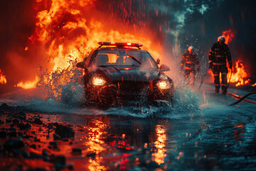 A dynamic scene showing firefighters and a police car battling a raging fire amidst heavy rain, capturing the urgency and danger of emergency response.