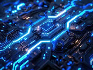 Obraz premium macro view of futuristic processor glowing circuitry neon blue light trails intricate details dark background
