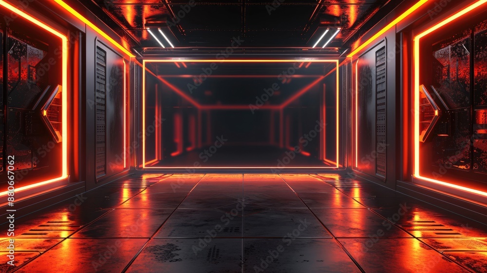 Poster A large black rectangular screen in the middle. The overall design is simple futuristic, featuring orange and black neon lights and a three-dimensional effect. Generative AI.