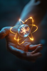 An illustration of a hand holding an atom