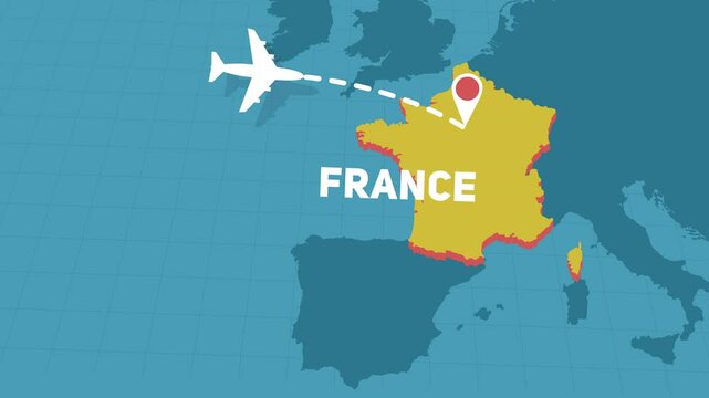 plane on flight path to france in europe - motion graphics animation