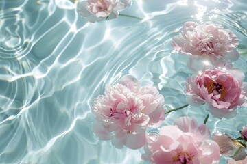 Fototapeta premium Delicate pink peonies float gracefully on the surface of gently rippling water, capturing the reflection of sunlight