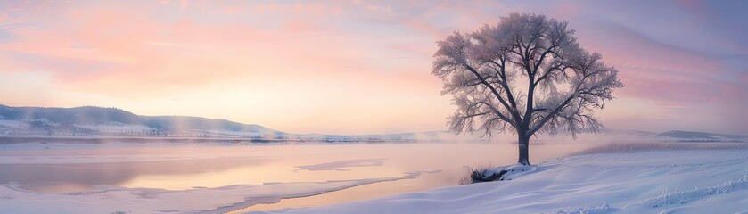 A lone tree stands on the edge of a frozen lake