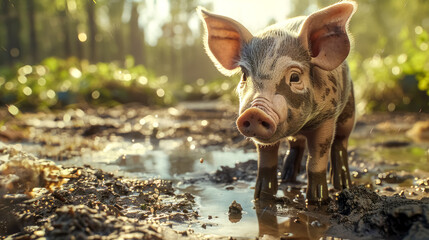 Cute piglet standing in mud puddle on farm