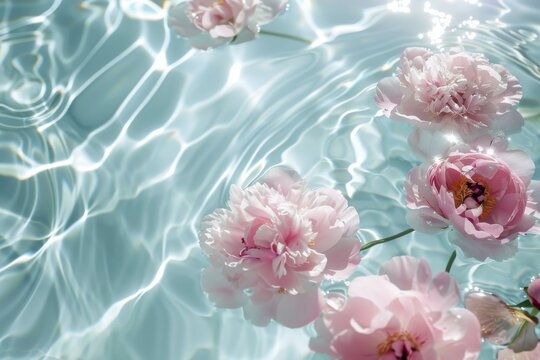Delicate pink peonies float gracefully on the surface of gently rippling water, capturing the reflection of sunlight
