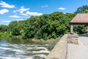 View from the Palmengarten Wehr at the Elster river in Leipzig 