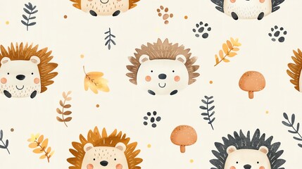 Obraz premium Cute seamless pattern with cartoon hedgehogs, leaves, and mushrooms. Perfect for children's wallpaper and fabric designs.
