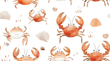 Obraz premium Seamless pattern with cute cartoon crabs and seashells. Ocean-themed illustration perfect for children's designs and backgrounds.
