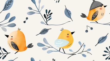 Fototapeta premium Seamless pattern featuring cute cartoon birds and blue leaves on a light background, perfect for textiles or wallpaper.