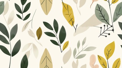 Fototapeta premium Elegant botanical pattern with green and yellow leaves on a light background, perfect for modern designs, wallpapers, and textiles.