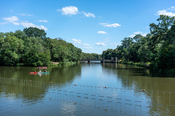 View from the Palmengarten Wehr at the Elster river in Leipzig 